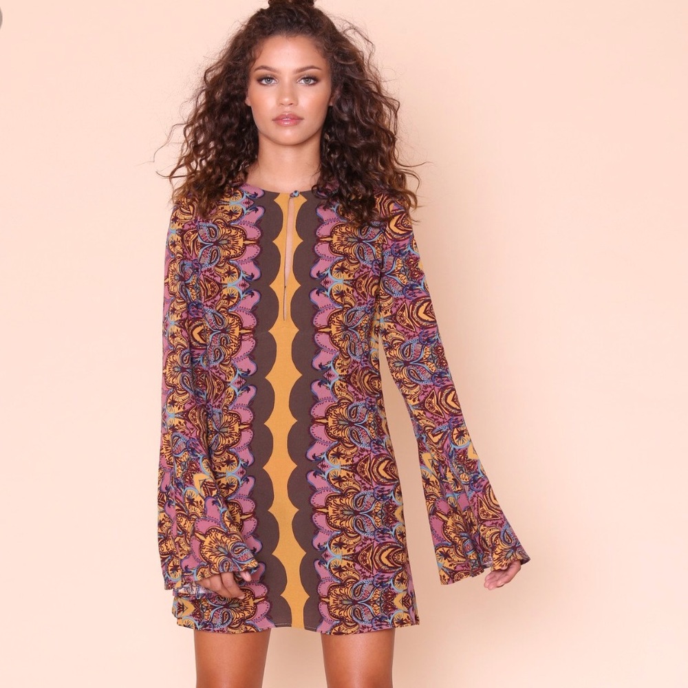 Free People Bell Sleeve Multi Color Mini Dress